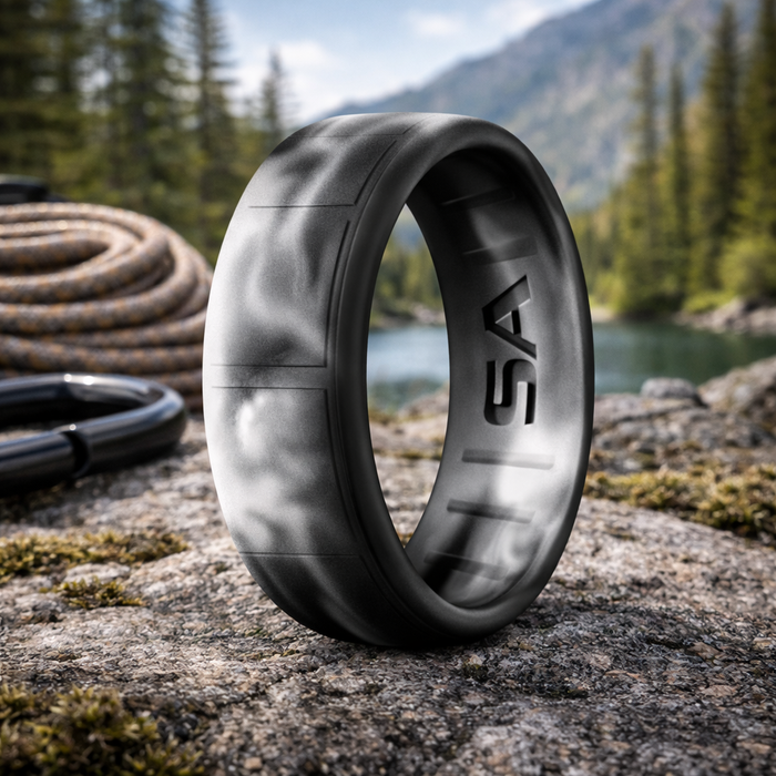 The Smoke Beveled Black and Gray Camo Design Silicone Men's Ring 8mm