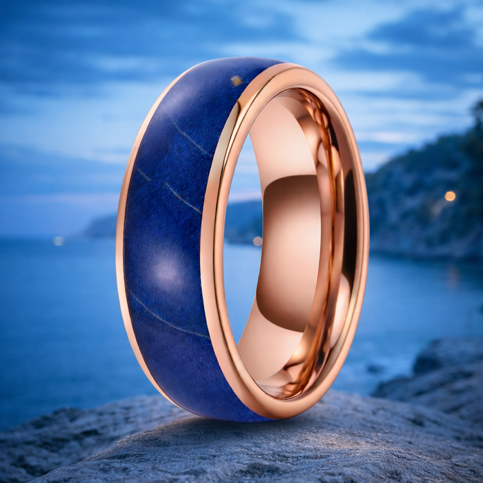 The Solaris 8mm Blue Cured Wood Rose Gold Tungsten Carbide Men's Ring