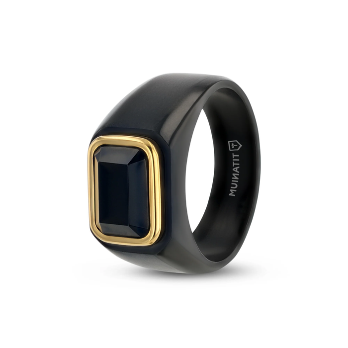 The Sparro Black Titanium Signet Ring With Black Onyx Inlay Outlined in Gold Plating