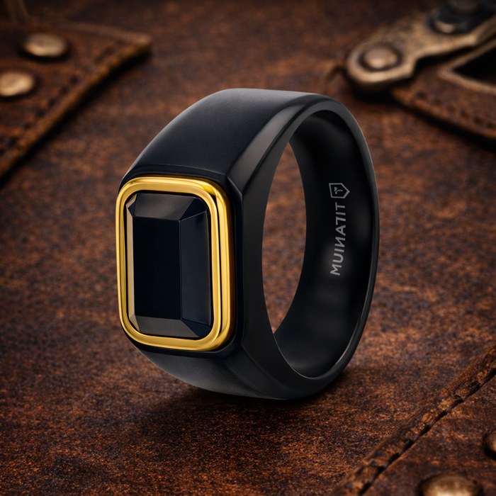 The Sparro Black Titanium Signet Ring With Black Onyx Inlay Outlined in Gold Plating
