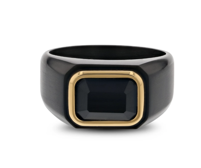 The Sparro Black Titanium Signet Ring With Black Onyx Inlay Outlined in Gold Plating