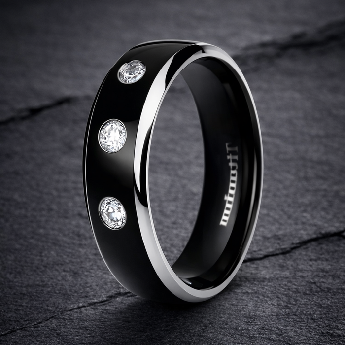 The Starlight Men's Titanium Wedding Band with 3 CZs and Black IP Center | 8mm