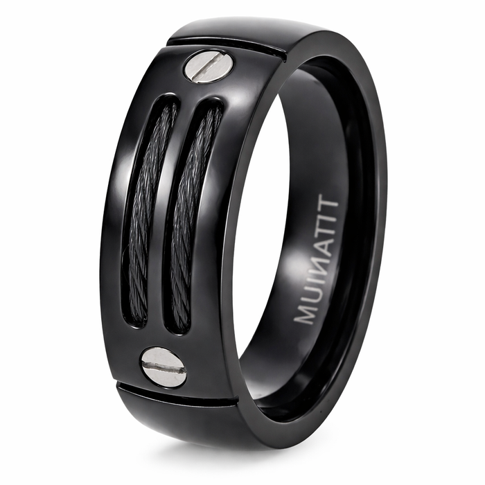 The Steelcore Black Titanium Cable Ring with Screw Accent -8mm