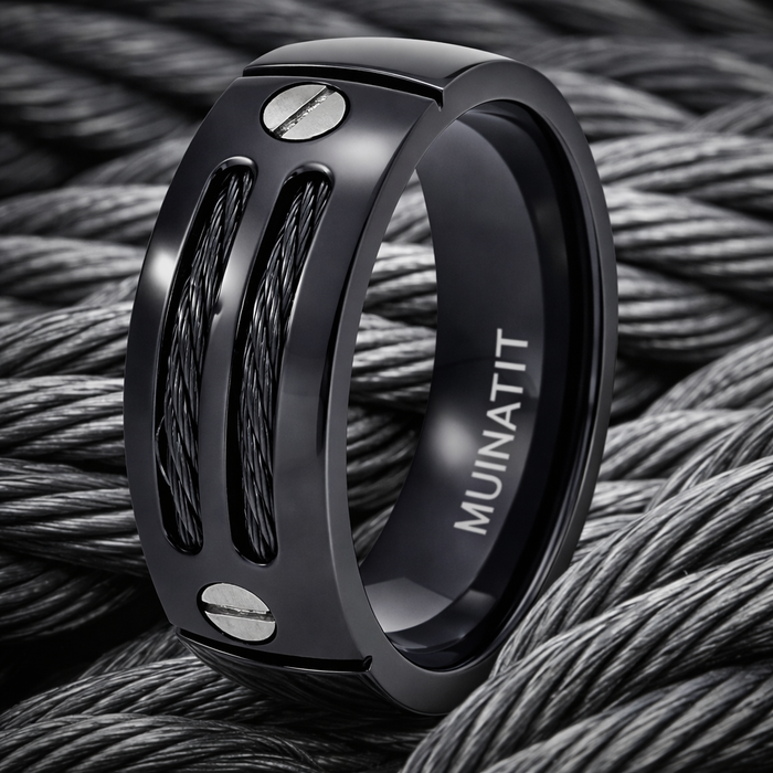 The Steelcore Black Titanium Cable Ring with Screw Accent -8mm