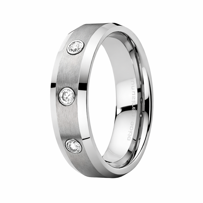 The Stellar Tungsten Wedding Band with Three CZ's and Beveled Edges-7mm