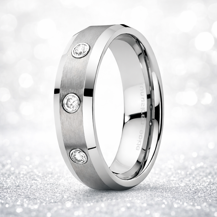 The Stellar Tungsten Wedding Band with Three CZ's and Beveled Edges-7mm