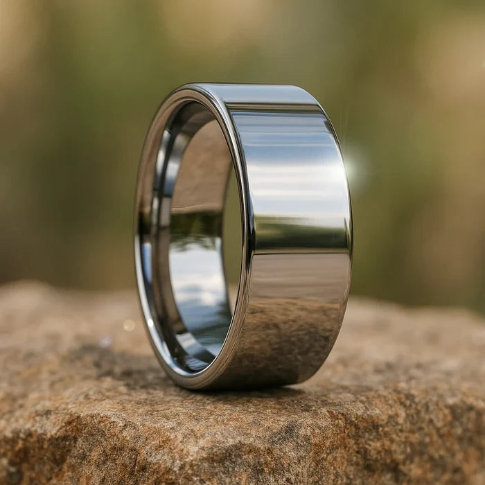 The Stockton Flat Style Polished White Tungsten Ring 8mm or 12mm