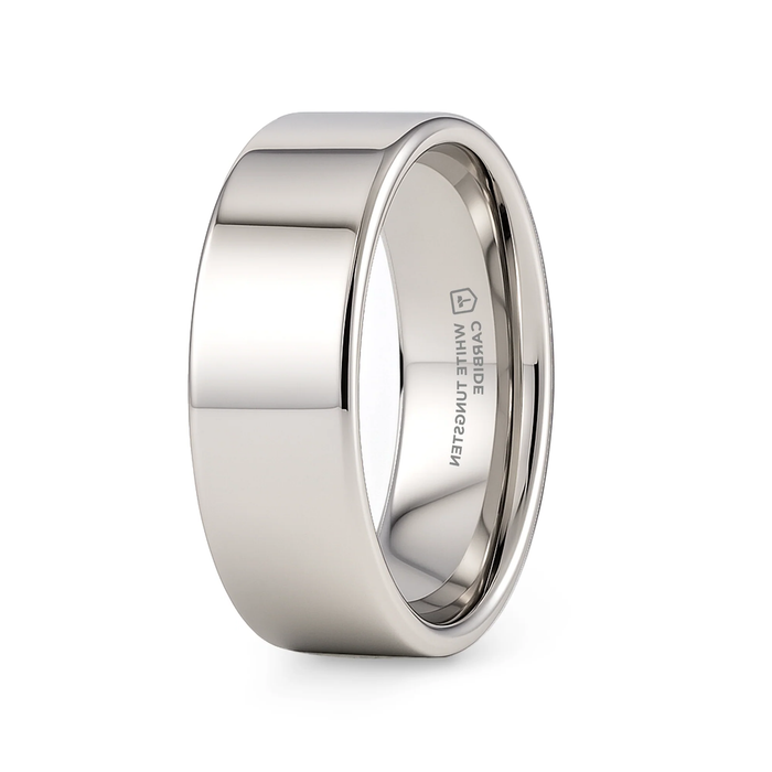 The Stockton Flat Style Polished White Tungsten Ring 8mm or 12mm