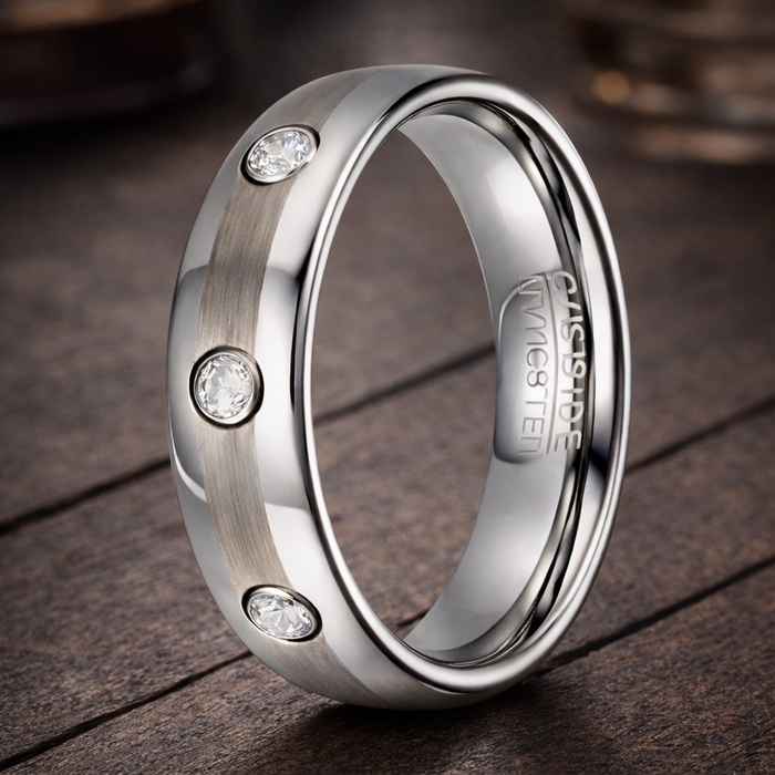 The Trinity Tungsten Wedding Ring for Men with 3 CZ and Rounded Edges | 6mm