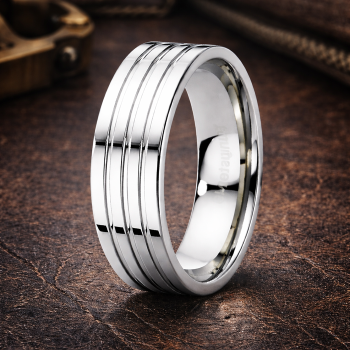 The Trio Tungsten Wedding Band with Three Grooves-8mm