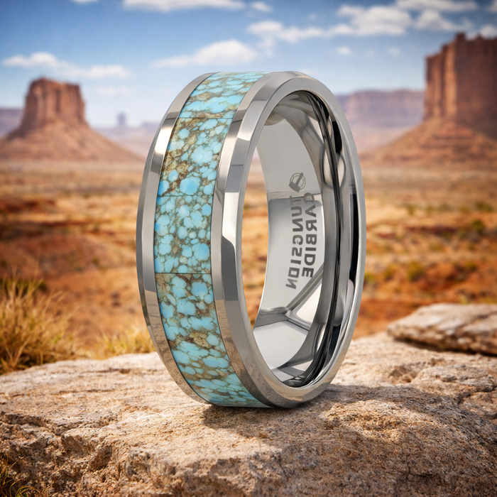 The Turchese Light Turquoise Spider Web Inlay Tungsten Ring With Beveled Edges 8mm