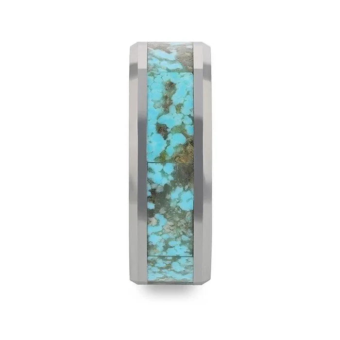 The Turchese Light Turquoise Spider Web Inlay Tungsten Ring With Beveled Edges 8mm