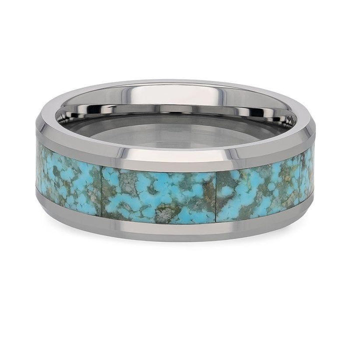 The Turchese Light Turquoise Spider Web Inlay Tungsten Ring With Beveled Edges 8mm