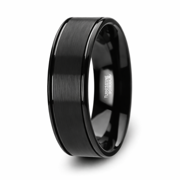The Turner Flat Brushed Black Tungsten Ring Dual Offset Grooves Polished Edges 8mm or 6mm