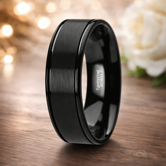 The Turner Flat Brushed Black Tungsten Ring Dual Offset Grooves Polished Edges 8mm or 6mm