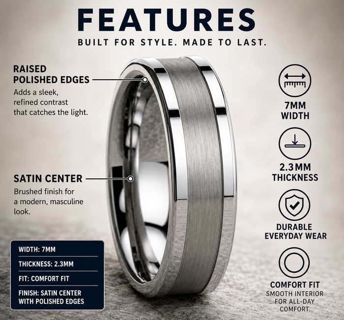The Vanquisher Men's Tungsten Ring Satin Center Polished Edges 7mm