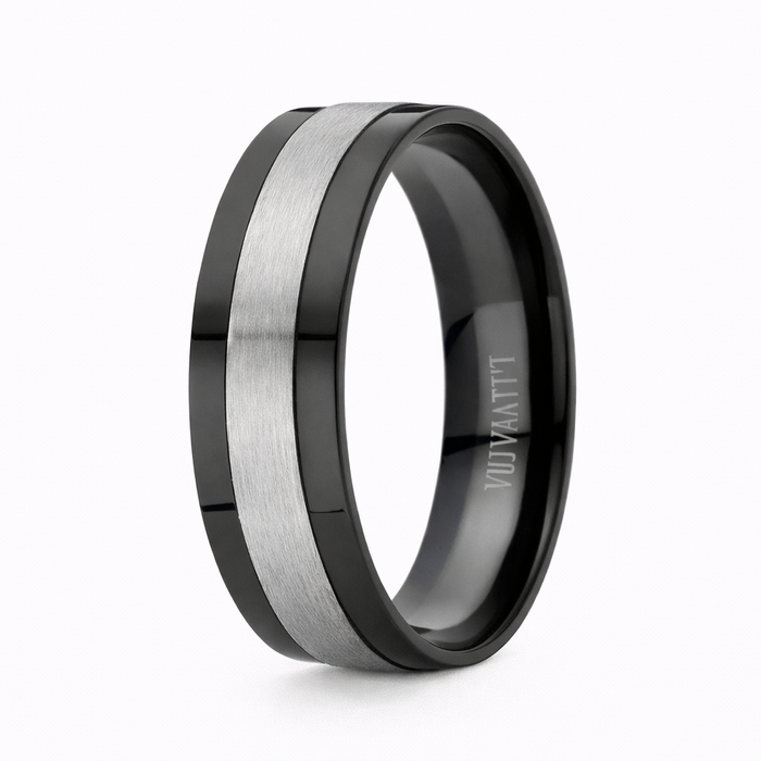 The Vector Black Titanium and Gray Center Band Men's Ring -8mm