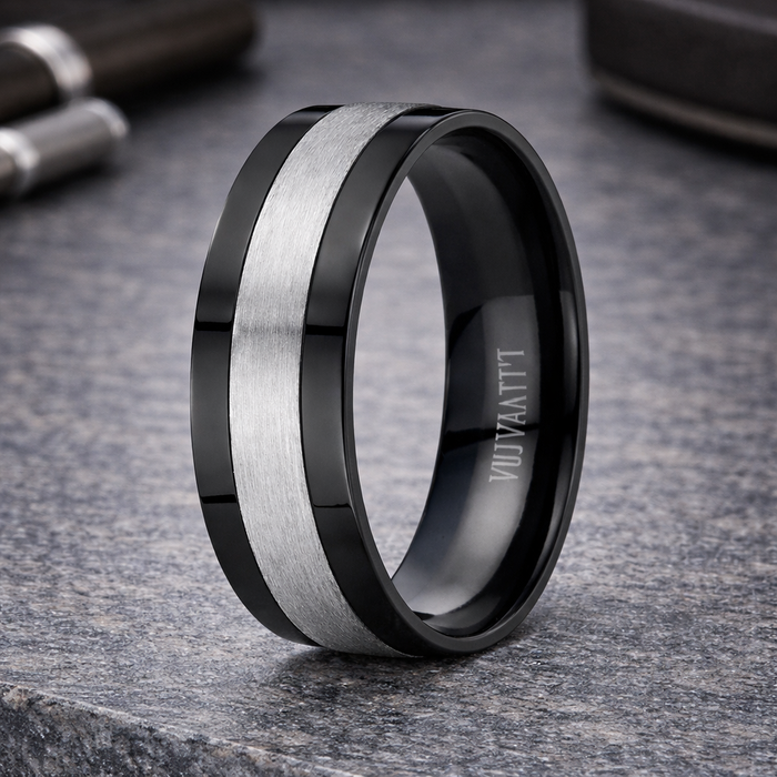 The Vector Black Titanium and Gray Center Band Men's Ring -8mm
