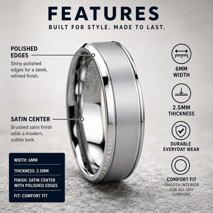 The Washington Men's Tungsten Ring Satin Center Polished Edges 6mm