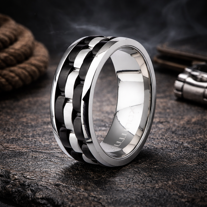 The Watcher Men's Stainless Steel and IP Black Watch Link Ring - 8mm