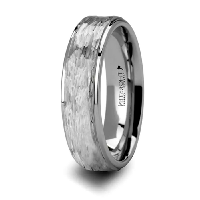 The Winston White Tungsten Ring Raised Hammered and Polished Step Edges 6mm or 4mm