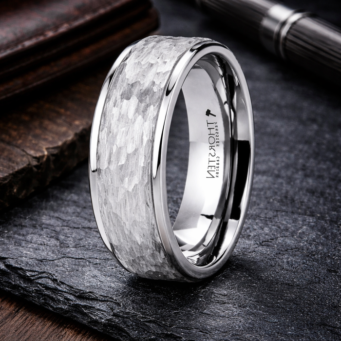 The Winston White Tungsten Ring Raised Hammered and Polished Step Edges 6mm or 4mm