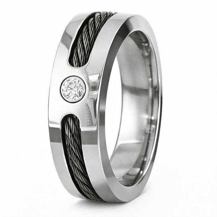 The Wire Men's Titanium Black Cable Ring with Polished Finish and CZ-7mm