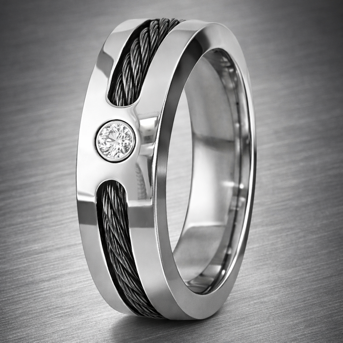 The Wire Men's Titanium Black Cable Ring with Polished Finish and CZ-7mm