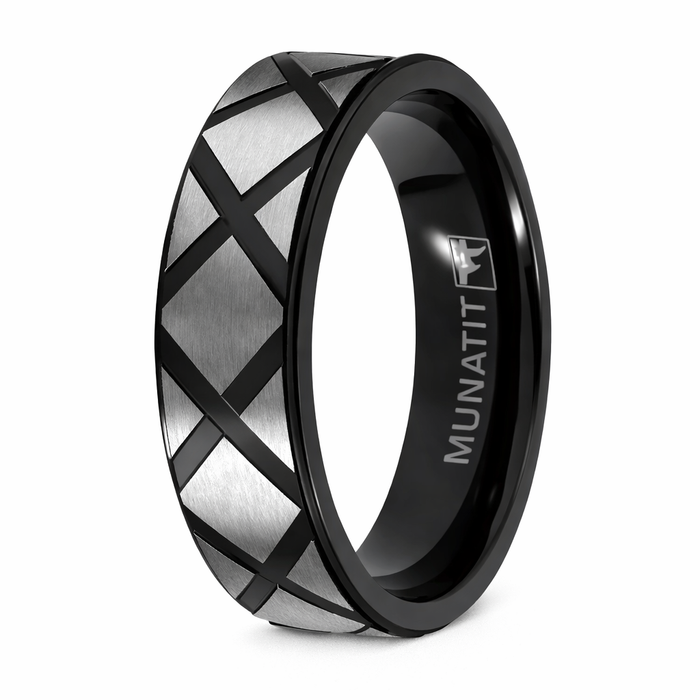 The Xtra Men's Black Titanium Ring with X-Patterned Brushed Titanium | 7mm