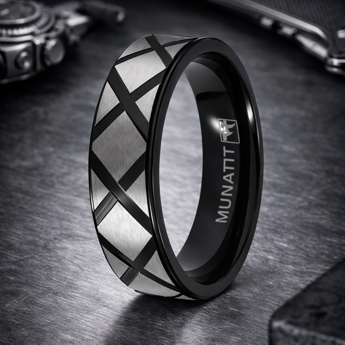 The Xtra Men's Black Titanium Ring with X-Patterned Brushed Titanium | 7mm