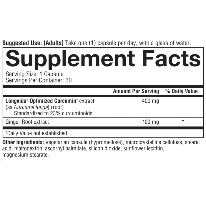 TBT.00165 Total Body Turmeric 30 Capsules Nutrition Facts Panel