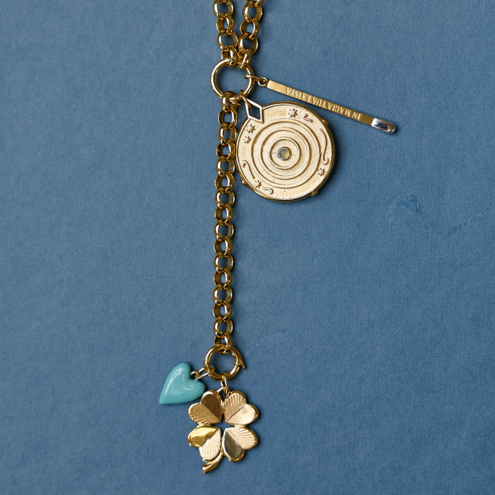 Chunky Rolo Lariat Necklace with Law of Attraction Coin, Large Divine Spark Matchstick, Turquoise Enamel Heart Charm , and Small Luck and Love Clover