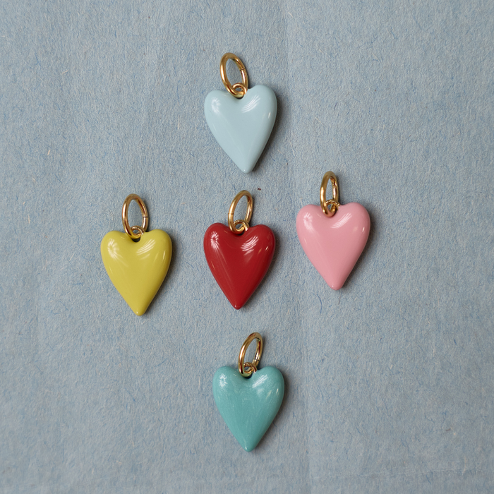Enamel Heart Charm collection. red enamel heart charm, blue enamel heart charm, yellow enamel heart charm