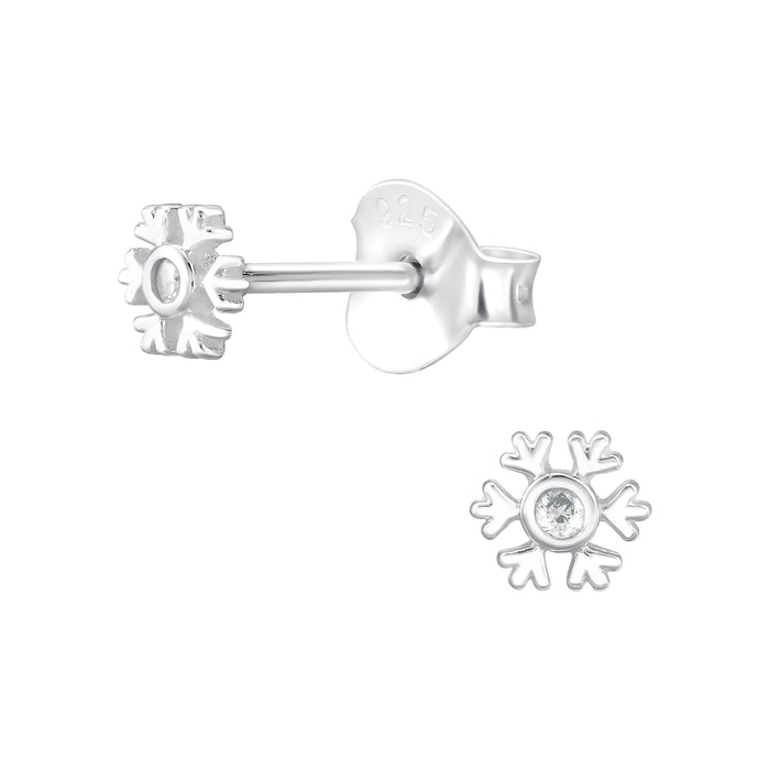 Very Tiny Snowflake stud earring in sterling silver with cubic zirconia