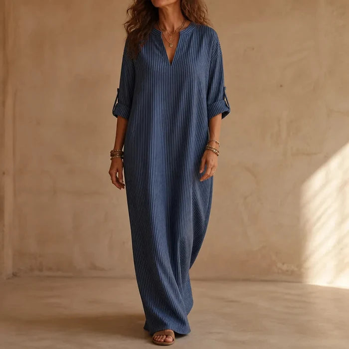Vestara – Boho Striped V-Neck Maxi Dress with Pockets, Long Sleeves, Crisp, Non-Stretch Fabric