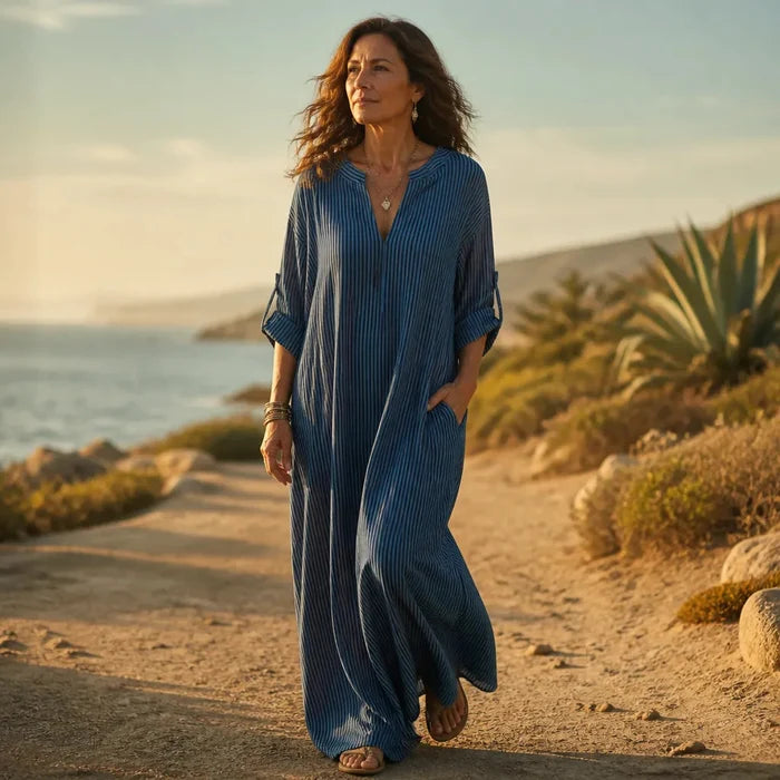Vestara – Boho Striped V-Neck Maxi Dress with Pockets, Long Sleeves, Crisp, Non-Stretch Fabric