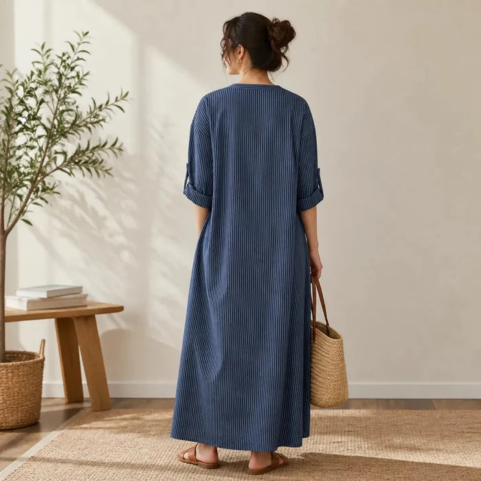 Vestara – Boho Striped V-Neck Maxi Dress with Pockets, Long Sleeves, Crisp, Non-Stretch Fabric