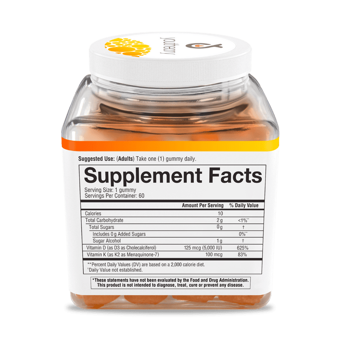 K2D3G.92033 Youtheory Vitamin K2D3 Gummy Peach Flavor 60 Gummies Nutrition Facts Panel