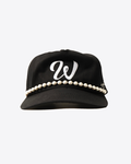 Black W cap with white embroidered ‘W’ logo and pearl details