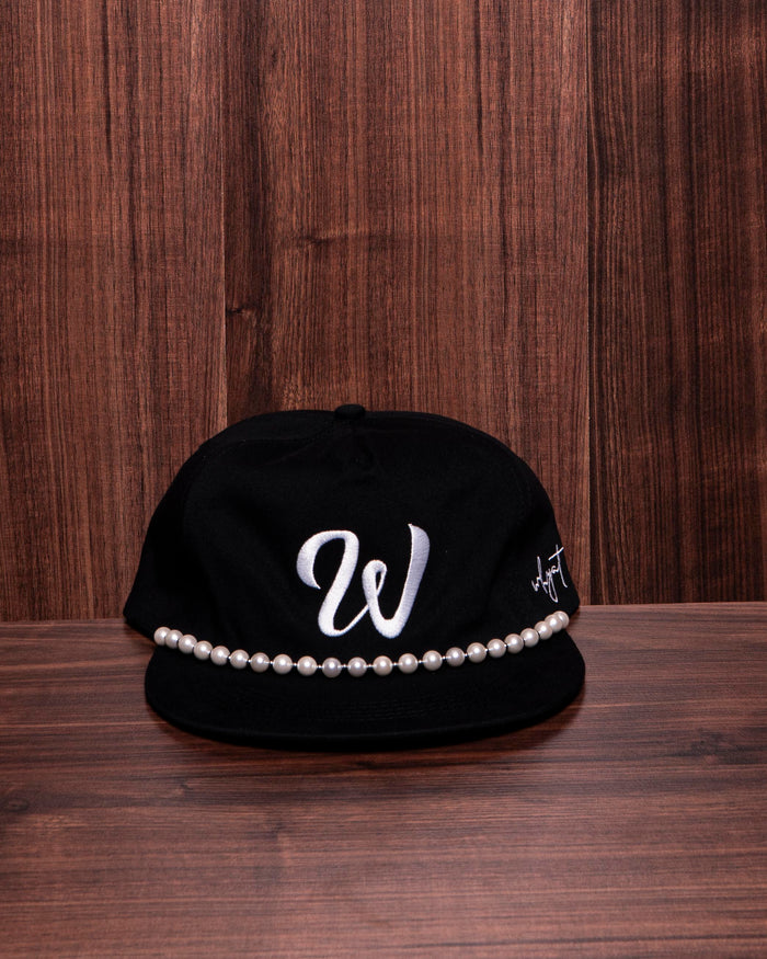Black W cap with pearl details and white front logo, adjustable baseball hat, trendy streetwear cap