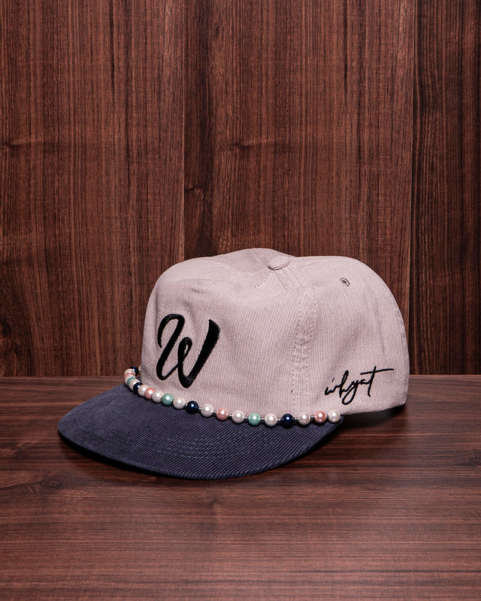 Cord cap with black W logo and pearl chain, adjustable streetwear baseball cap.